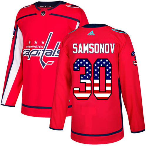 Men Adidas Washington Capitals #30 Ilya Samsonov Red Home Authentic USA Flag Stitched NHL Jersey